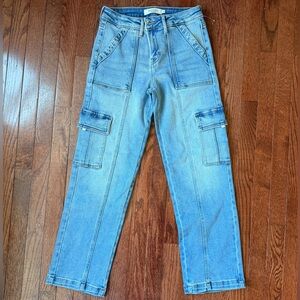 NWT Hidden Jeans Tracey High Rise Cargo Straight Jeans Size 26 Light Wash